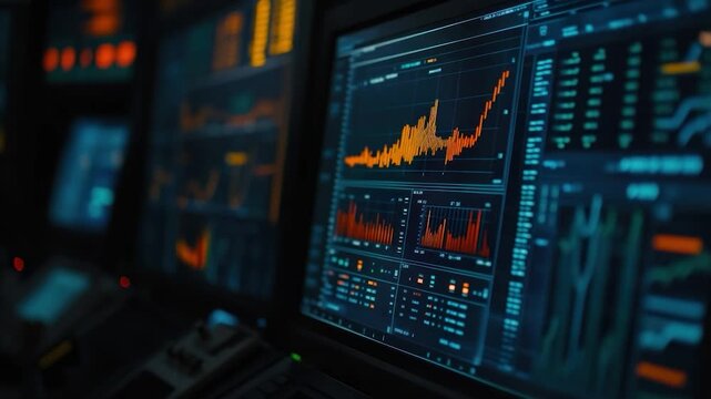 Multiple computer screens display intricate data visualizations, graphs, charts, and diagrams