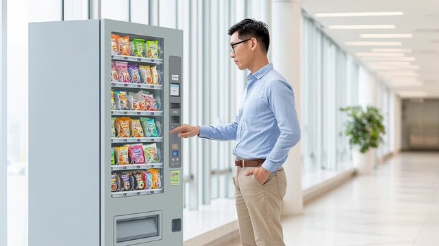 Man using a modern vending machine in a bright office corridor
