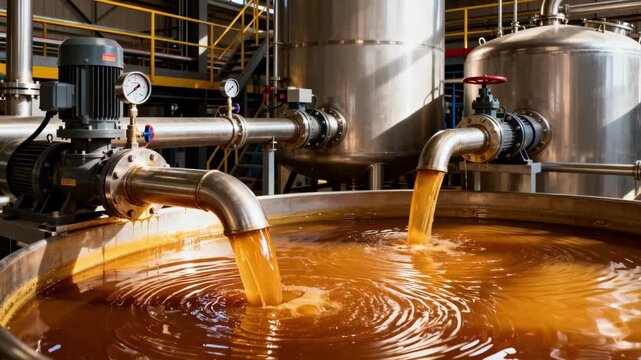 Medium shot capturing the pumping process of molasses from large storage tanks emphasizing the flow and equipment involved in transferring the dense syrup.