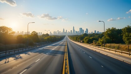 Obraz premium Urban Landscape Road Leading Through Bustling Modern City Skyline Background