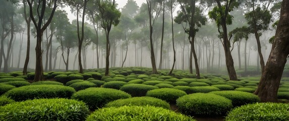 Misty tea garden rows