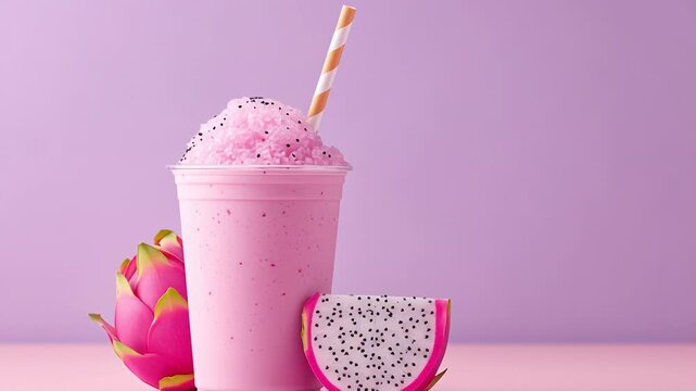 Refreshing pink dragon fruit smoothie with paper straw on pastel background