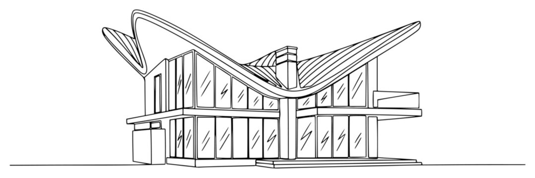 Futuristic modern house with unique curved roof design in continuous line art style