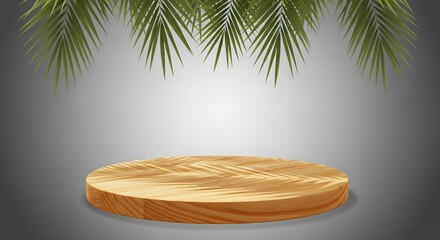 Obraz premium Wooden podium display with tropical palm leaves and shadows. Realistic 3D round stage for product presentation on grey background.
