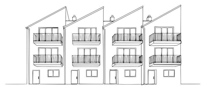 One line art illustration of modern terraced houses row for suburban living