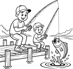Two boys fishing on a dock with a large fish jumping out of the water