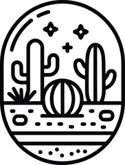 Black and white line art of cacti in a decorative oval frame