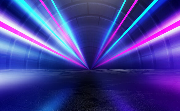 A dark abstract background with neon shapes and lines. Smoke and smog on a dark background.