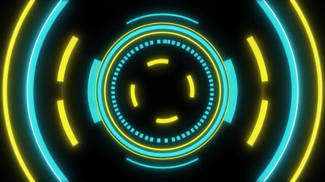 Cyan yellow neon circular meters energy pulses holographic flow seamless futuristic surreal ambience cascading softly glowing abstract unique style ultra realistic loop