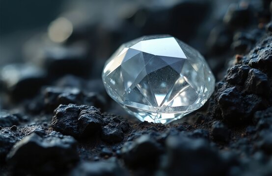 Clear faceted diamond gem rests on dark rough kimberlite rock. Uncut precious stone found in earth. Natural resource treasure symbolizes wealth and luxury.