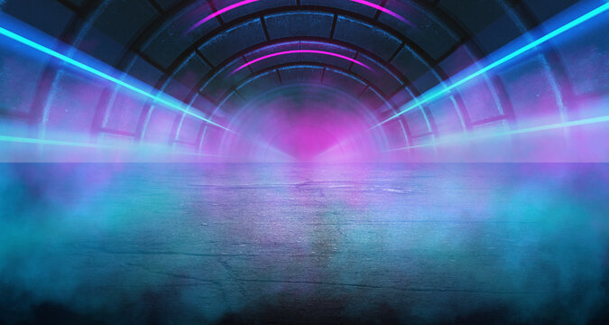 background of an empty dark room with neon light. Abstract background with glow and nebula