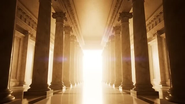 Ancient Temple Hallway with Bright Light.