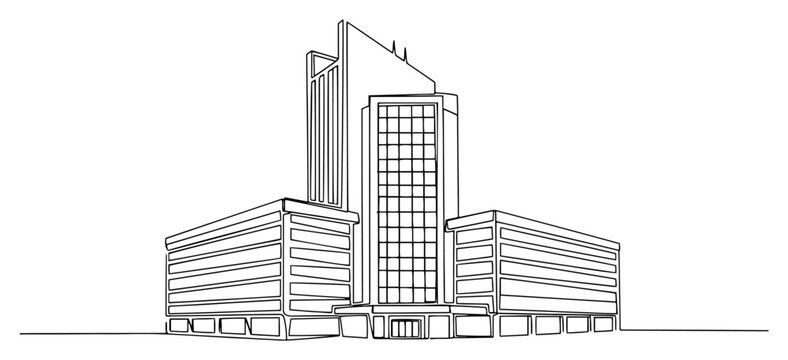 Single line art vector of a modern office building with central glass tower and commercial design