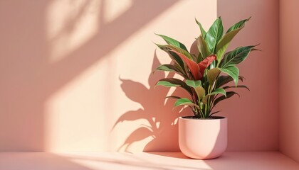 Obraz premium Green plant in pink pot casts shadow on soft pink wall. Sunlight creates natural leaf shapes for modern home decor. Minimalist indoor scene for wellness.