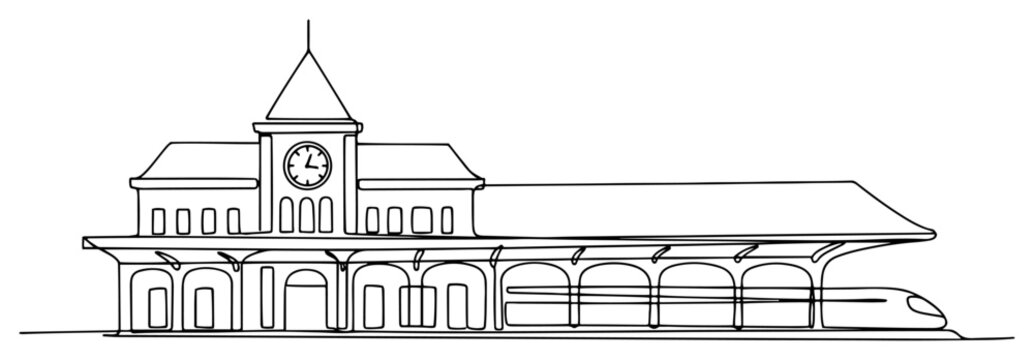 Traditional railway station with clock tower and modern high speed train in line art