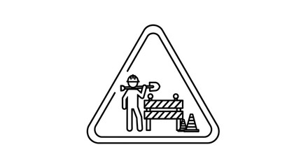 Road Work Ahead Warning Triangle Sign with Construction Worker and Safety Barrier Icon &ndash; Minimal Black Outline Traffic Alert Symbol Representing Maintenance Zone, Highway Construction, Infrastructure 
