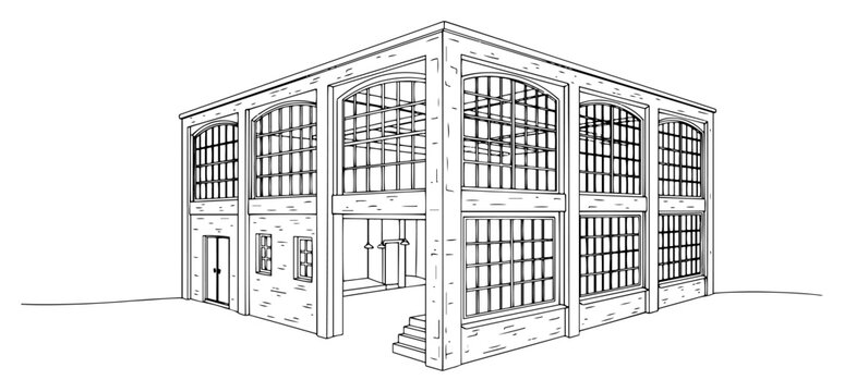 Continuous line drawing of an industrial warehouse building with large arched windows