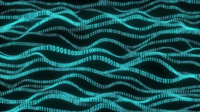 Cyan binary code layered wave patterns glowing neon seamless futuristic surreal ambience cascading softly glowing abstract unique style ultra realistic loop