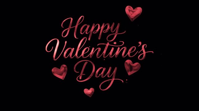 Graphic design with 'Happy Valentine's Day' text in pink cursive font surrounded by pink hearts on a black background.