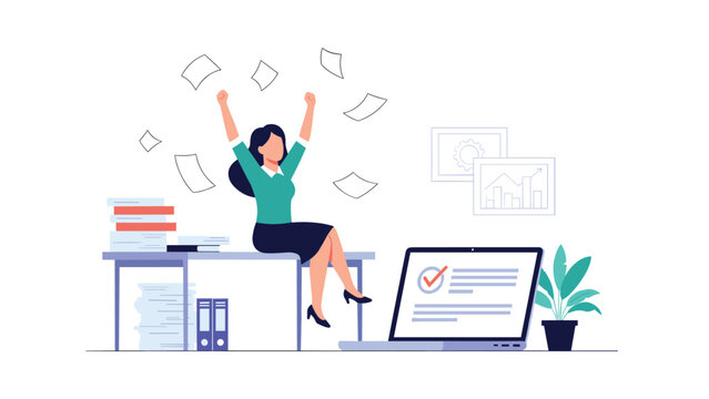Excited business woman throwing papers in the air while sitting on an office desk to celebrate success and task completion.