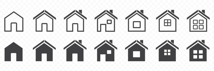 Web home icon for apps and websites  house icon set  main page navigation button in filled and outline styles  modern UI symbol on transparent background