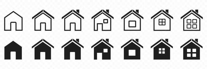 Home icon set for apps and websites. House symbol for UI navigation  outline and filled styles on transparent background