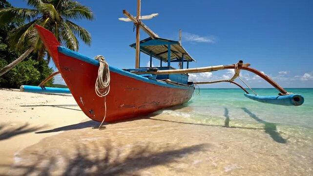 A vibrant red boat with outriggers rests on a sandy beach. Turquoise water and a blue sky are present