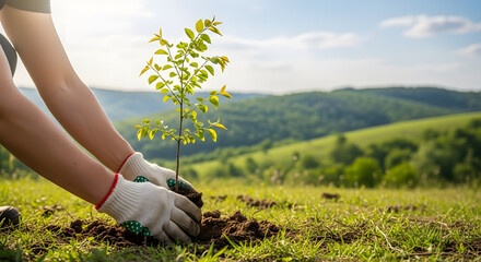 Person Planting a Small Green Tree Sapling in a Lush Green Field on a Sunny Day