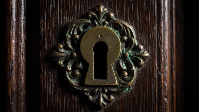 A close-up video of an old, ornate keyhole on a wooden door