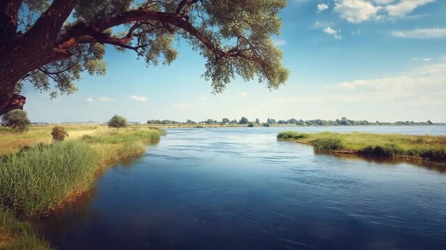 River flows past trees on a sunny day