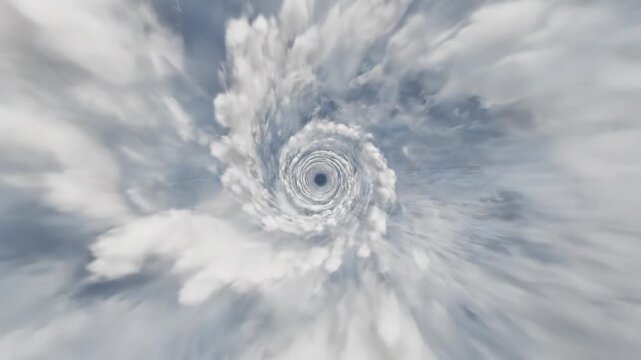 Flying rapidly through massive, swirling cloud vortex tunnel with dark center, resembling eye powerful hurricane dimensional wormhole, for speed, transition, turbulent atmospheric