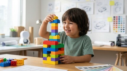 Naklejka premium creative kid stacking colorful lego pieces at the table