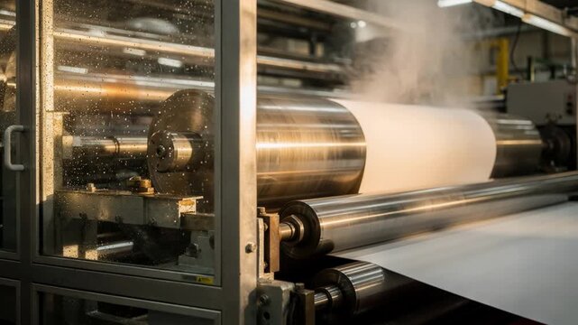 Closeup medium shot showing a partial enclosure around a series of drying cylinders on a paper machine steam visible rising as hot drums rotate meticulously drying the continuous