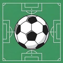 Soccer ball on green football field top view illustration, sports match background