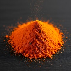 Bright orange turmeric powder spice heap with fine dust particles