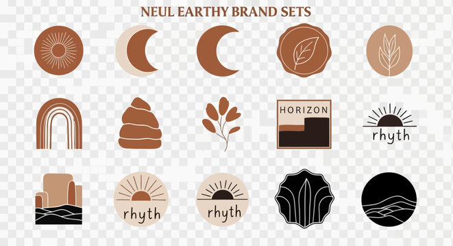 Collection of minimalist earthy brand logos and abstract natural elements in brown and beige tones, perfect for modern branding.