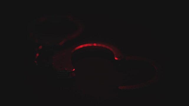 Police raid at night and you are under arrest concept. Silhouette of handcuffs. with the flashing red and blue police lights dark background.