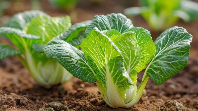 Chinese cabbages growing in the garden. Cabbage heads sprouting from the ground, white green leaves, close-up. Dirt soil background. Healthy vegetables ready for cooking or eating. Organic food plant