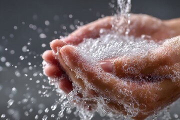 Fototapeta premium Hands lathered with soap under running water for good hygiene.