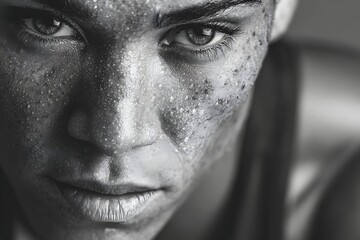 Vivid, intense close-up of a focused, muscular athlete exuding sweat and determination.