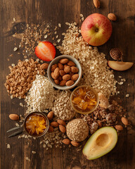 Fototapeta premium Artistic flatlay of organic oats, honey, almonds, and fresh fruits on dark rustic wooden background.