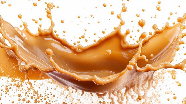 Dynamic caramel splash exploding in mid-air against a clean white background