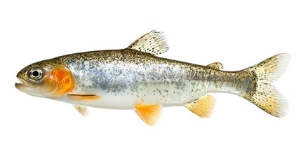 Young salmon swimming in clear water, bright scales and fins visible.