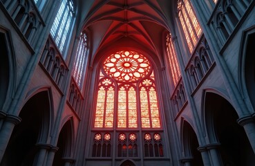 Fototapeta premium Gothic cathedral interior with large rose window. Red stained glass illuminates stone architecture with arches and columns. Sunlight streams through religious sanctuary creating warm glow.