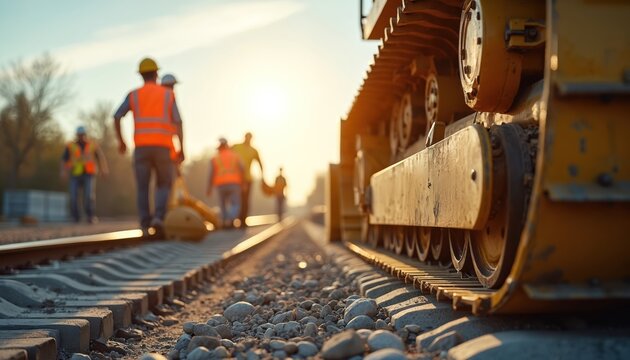 Workers in safety vests build railway lines with heavy yellow machinery. Construction crew installs tracks under bright sun. Team works on infrastructure project, ground leveling.