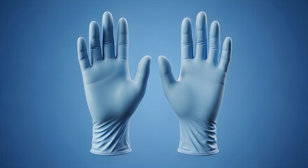 Fototapeta premium A pair of light blue latex gloves displayed against a blue backdrop