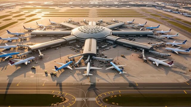 large aviation hub with numerous planes and complex taxi systems