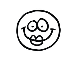 Hand drawn cartoon smiley face with wide eyes and tongue out in black outline