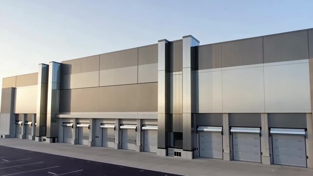 Modern logistics warehouse loading docks exterior view in evening light for business and real estate needs