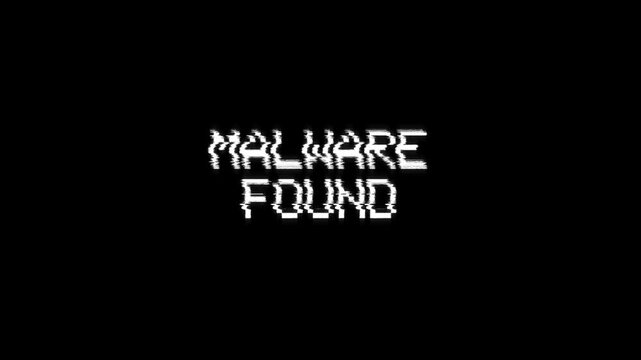 malware found glitch text warning and alert animation, hacking message over computer program security infected malware detected with a virus glitch background effect